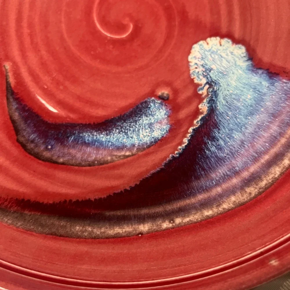 Handmade‎ Studio Pottery Red Glazed Serving Platter with Handles Blue Drip 12